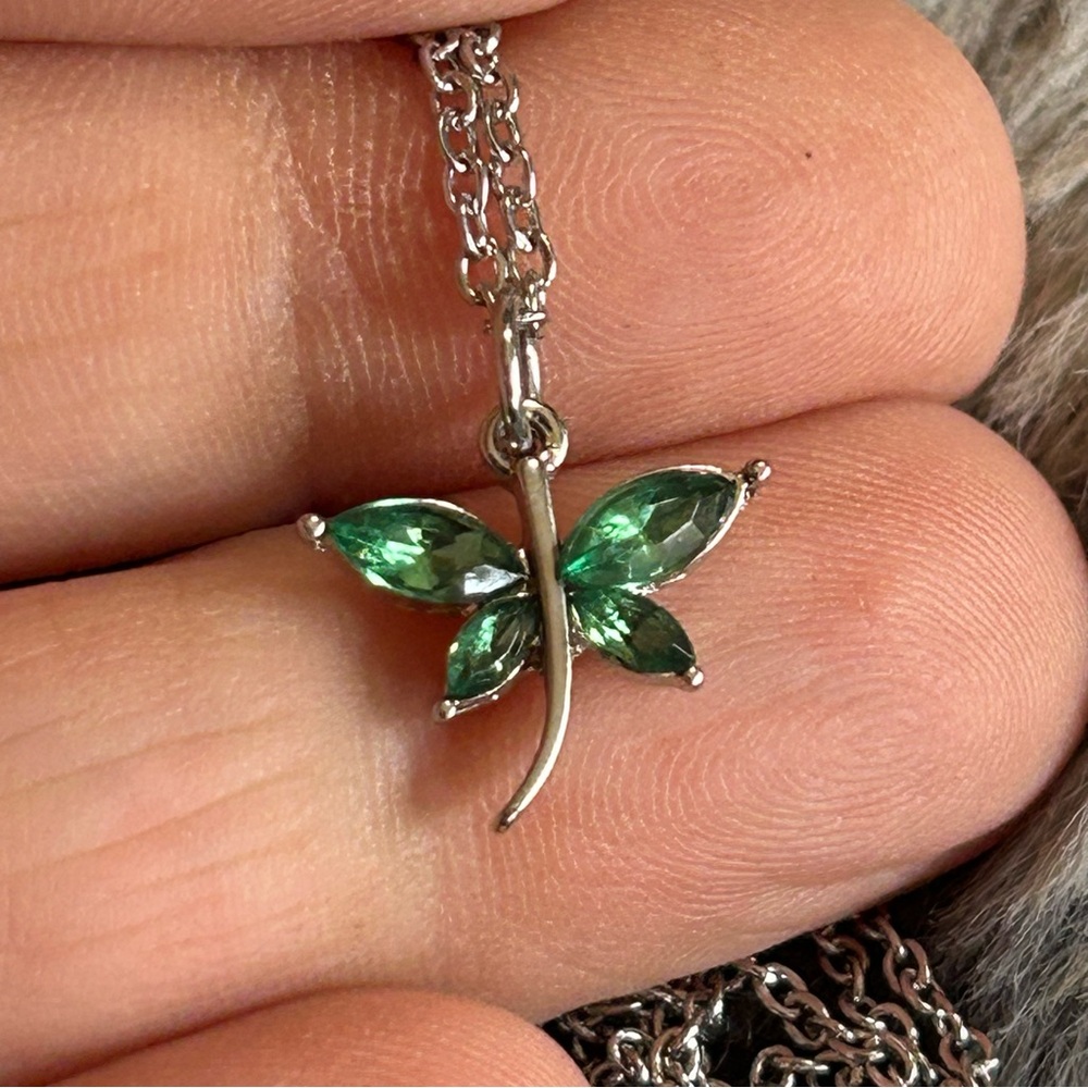 Handcrafted vintage marquis emerald rhinestone butterfly charm on chain necklace